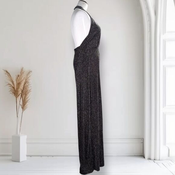 NastyGal Plunge Wide Leg Halter Jumpsuit Size M Stretch Silver Lurex Backless - Picture 3 of 15